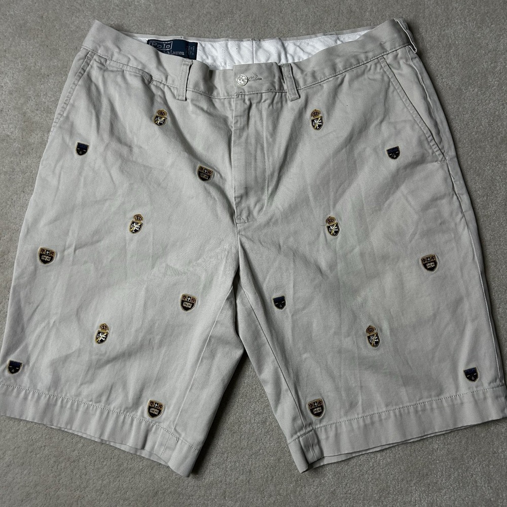 Vintage POLO Ralph Lauren Shorts Men's 35 Crest Shield Chino Embroidered Khaki